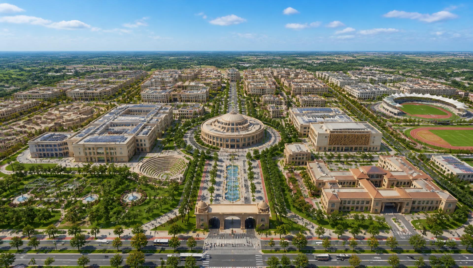Aerial daytime view of the proposed Dream Educational City: academic buildings, a football stadium, tree-lined boulevards with buses and cycle lanes, gardens, fountains and student walkways under a clear blue sky